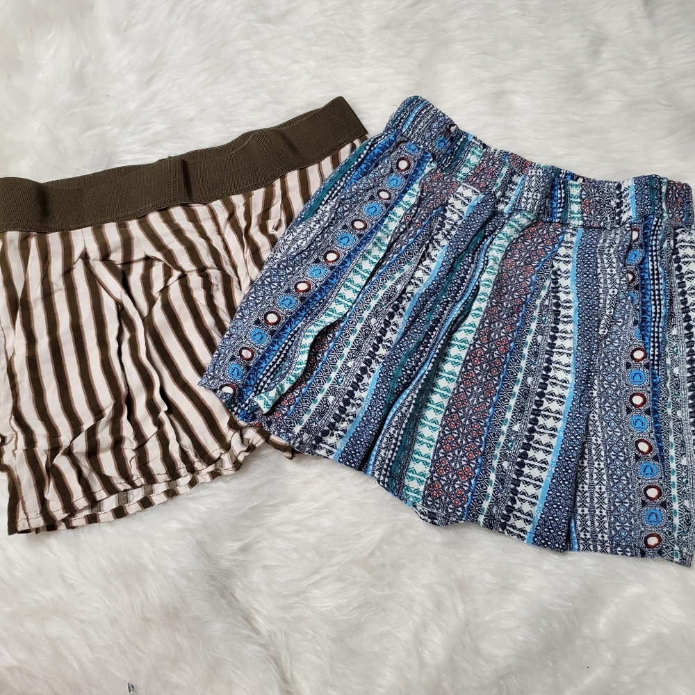 H&M Olive Stripe & Blue Print Elastic Waist Shorts, 4